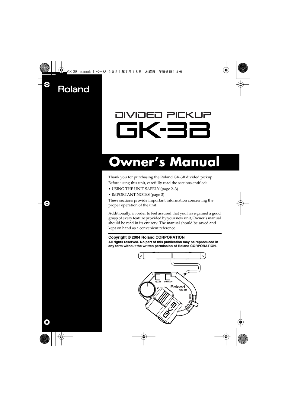 Roland GK-3B - Divided Bass Pickup User Manual | 24 pages