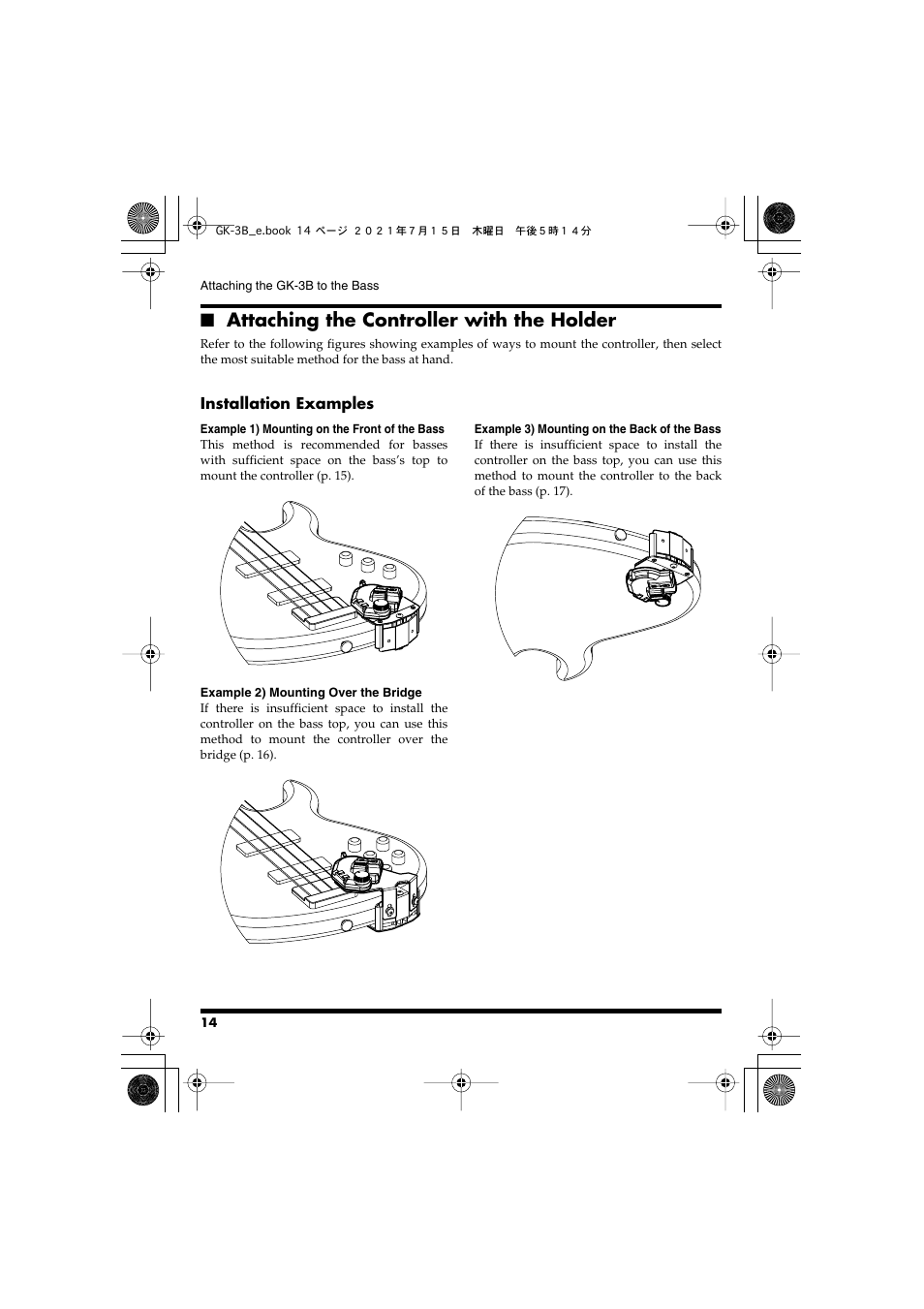 Attaching the controller with the holder, Installation examples | Roland GK-3B - Divided Bass Pickup User Manual | Page 14 / 24