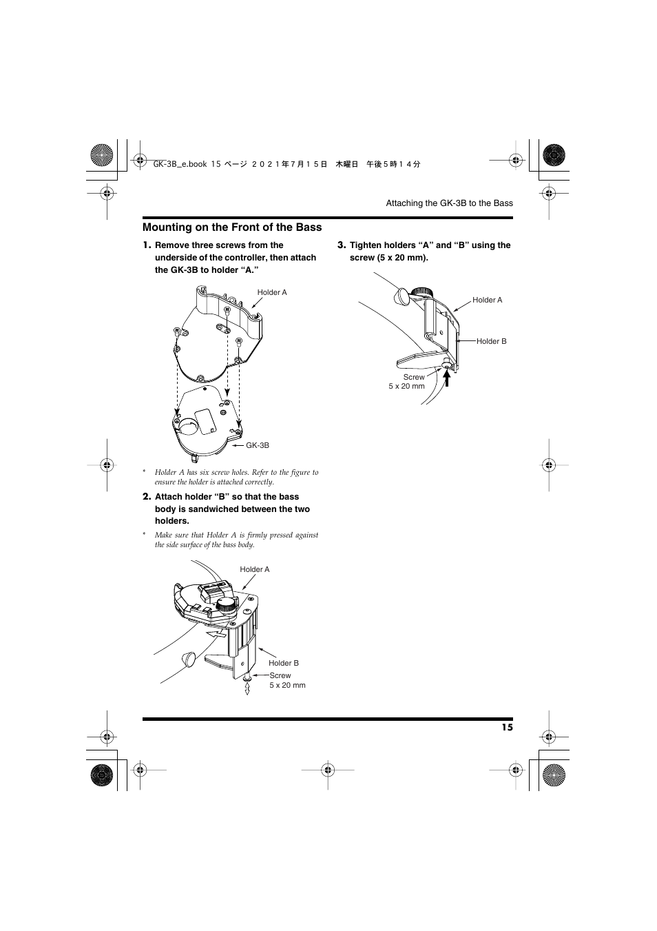 Mounting on the front of the bass | Roland GK-3B - Divided Bass Pickup User Manual | Page 15 / 24