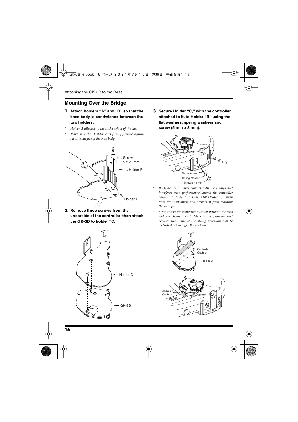 Mounting over the bridge | Roland GK-3B - Divided Bass Pickup User Manual | Page 16 / 24