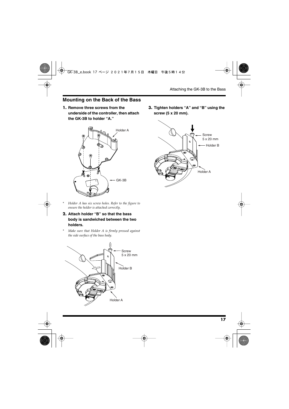 Mounting on the back of the bass | Roland GK-3B - Divided Bass Pickup User Manual | Page 17 / 24