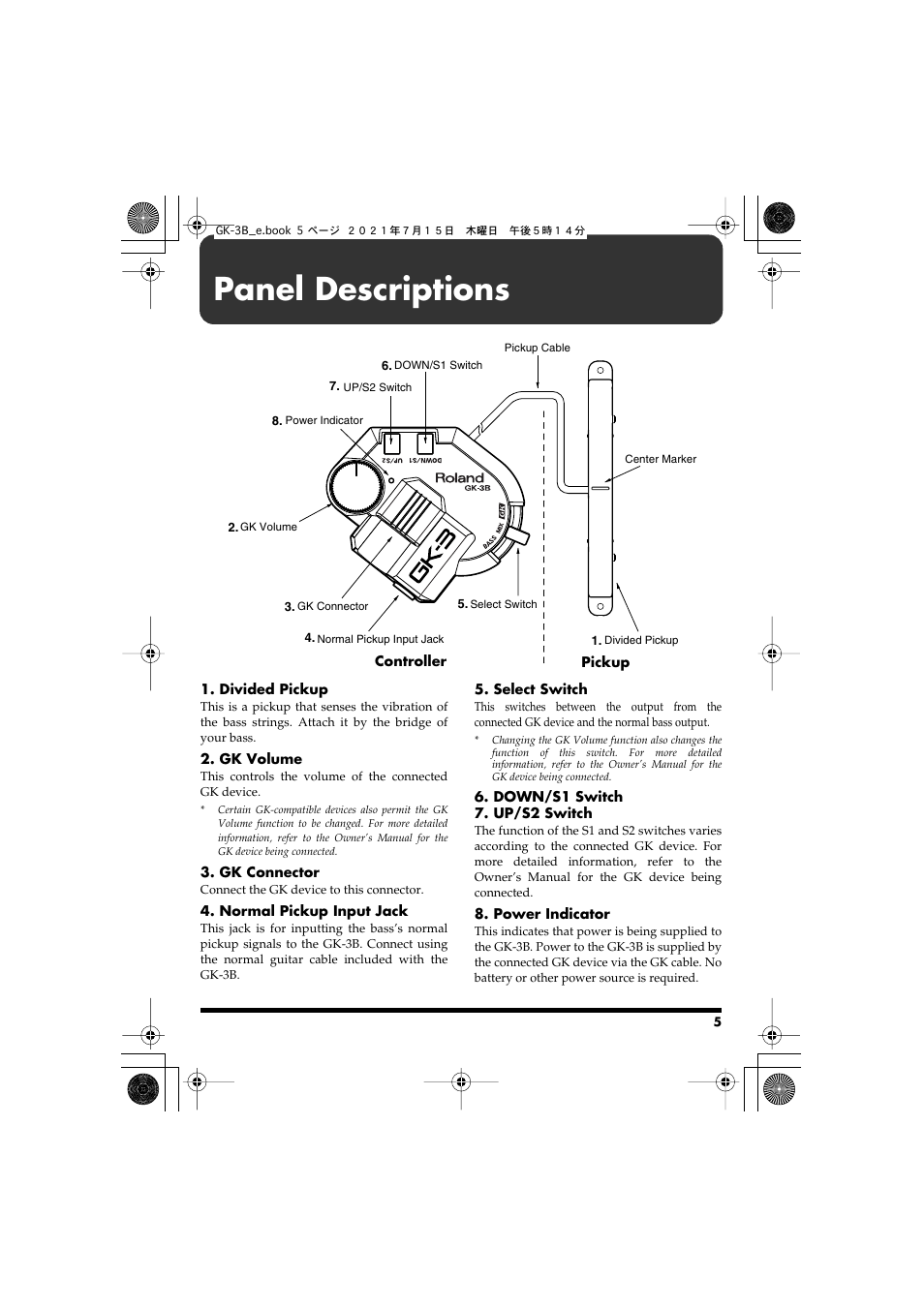 Panel descriptions | Roland GK-3B - Divided Bass Pickup User Manual | Page 5 / 24