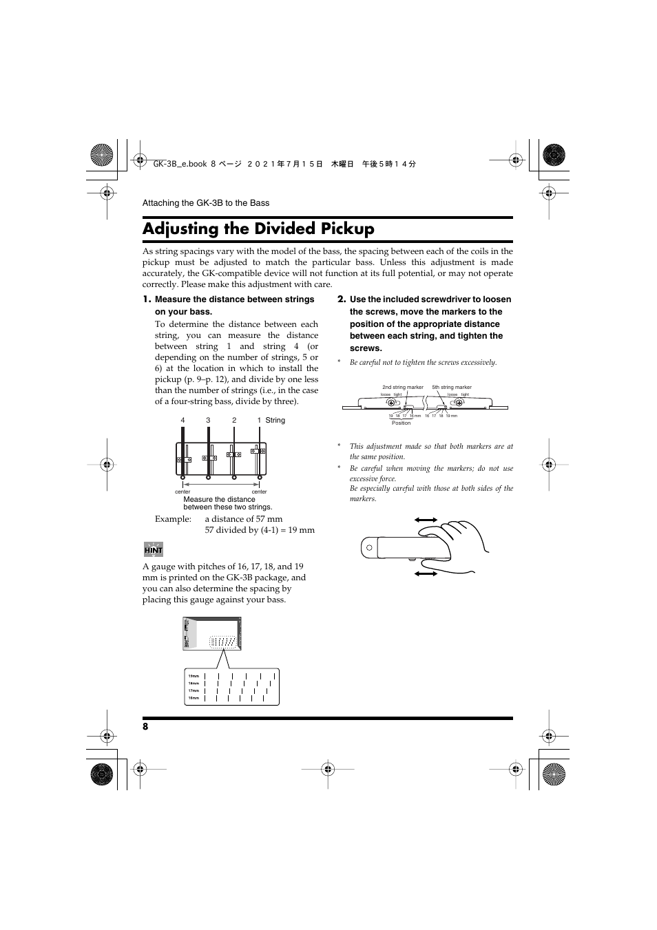 Adjusting the divided pickup | Roland GK-3B - Divided Bass Pickup User Manual | Page 8 / 24