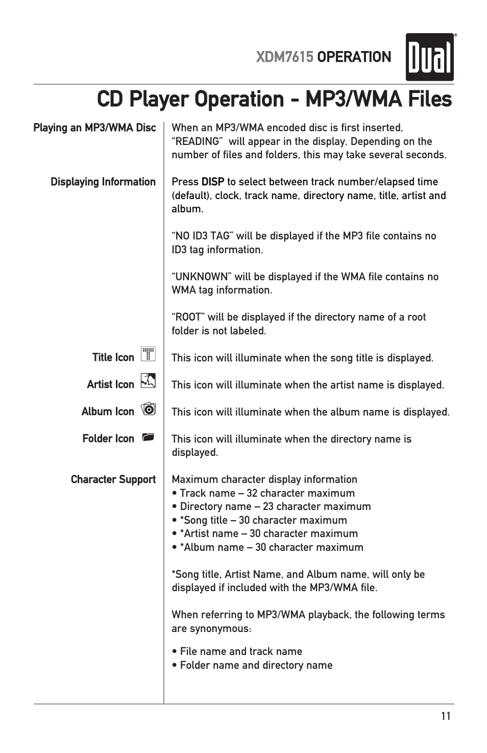 Cd player operation - mp3/wma files, Xdm7615 operation | Dual XDM7615 User Manual | Page 11 / 20