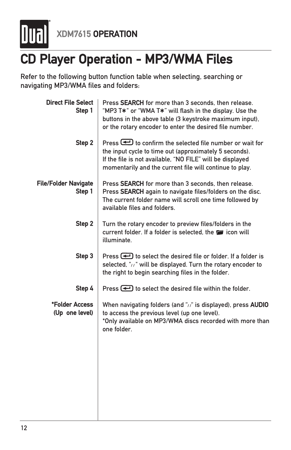 Cd player operation - mp3/wma files, Xdm7615 operation | Dual XDM7615 User Manual | Page 12 / 20