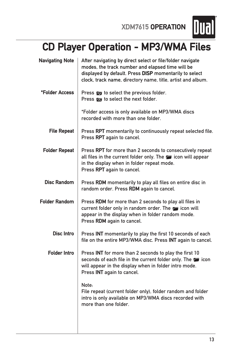 Cd player operation - mp3/wma files, Xdm7615 operation | Dual XDM7615 User Manual | Page 13 / 20