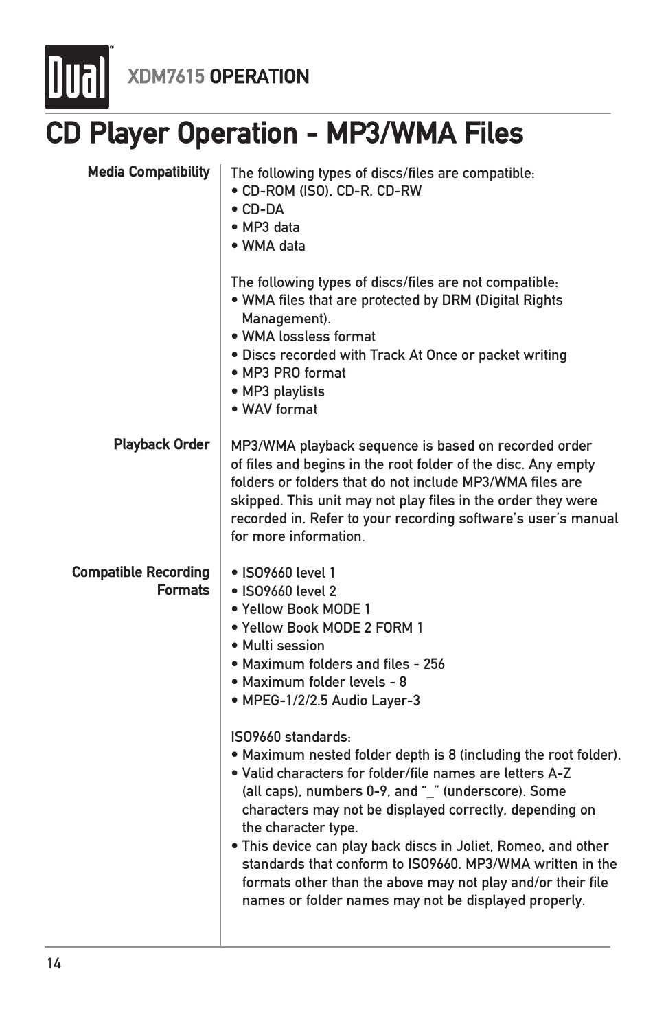 Cd player operation - mp3/wma files, Xdm7615 operation | Dual XDM7615 User Manual | Page 14 / 20