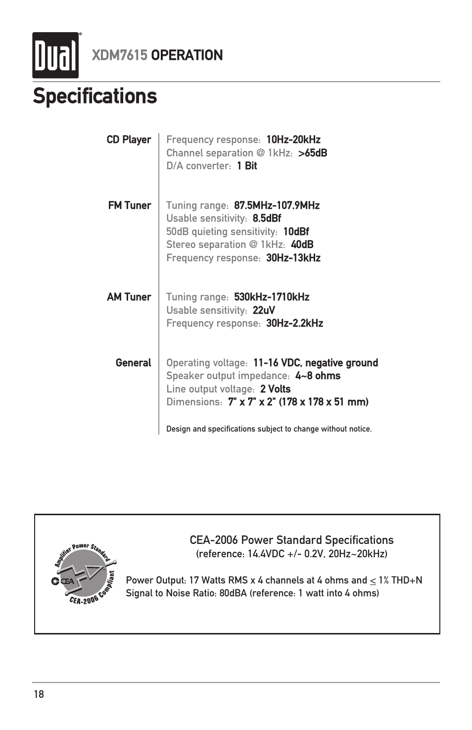 Specifications, Xdm7615 operation | Dual XDM7615 User Manual | Page 18 / 20