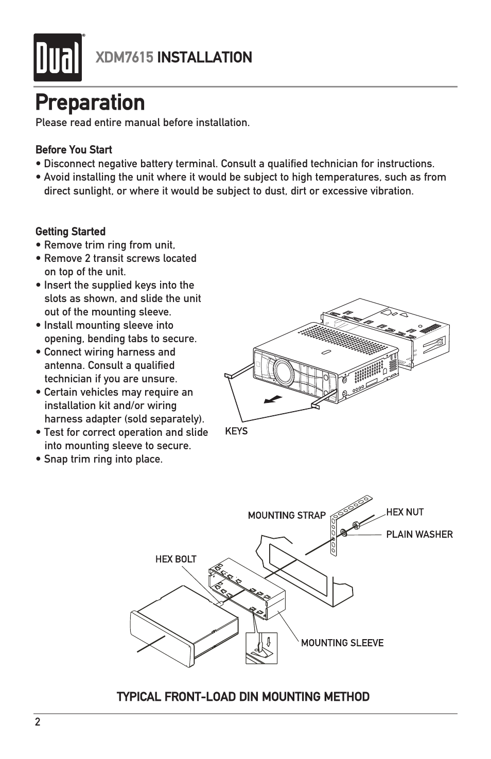 Preparation, Xdm7615 installation | Dual XDM7615 User Manual | Page 2 / 20