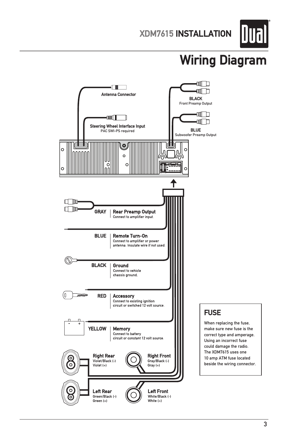 Wiring diagram, Xdm7615 installation, Fuse | Dual XDM7615 User Manual | Page 3 / 20