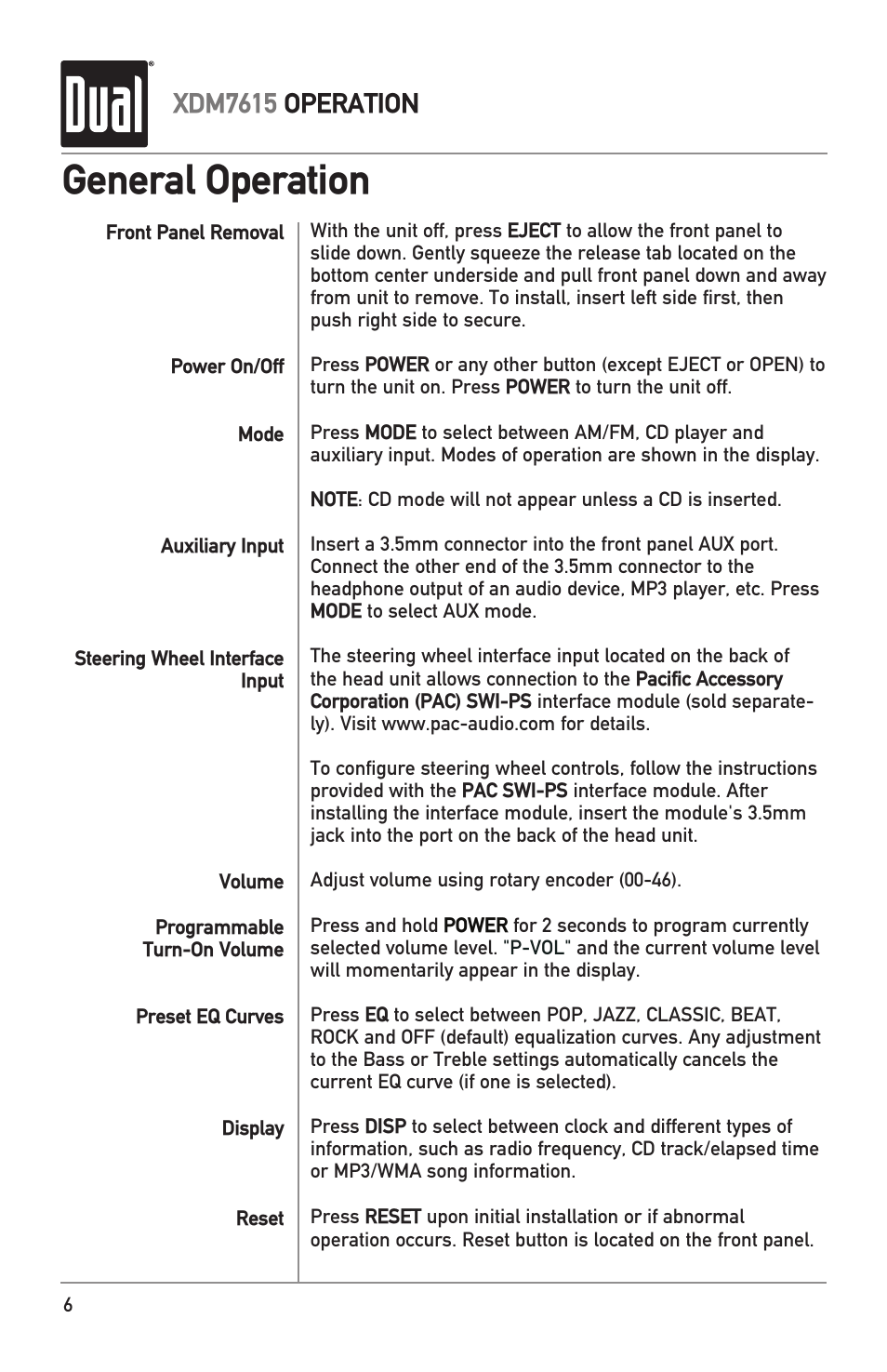 General operation, Xdm7615 operation | Dual XDM7615 User Manual | Page 6 / 20