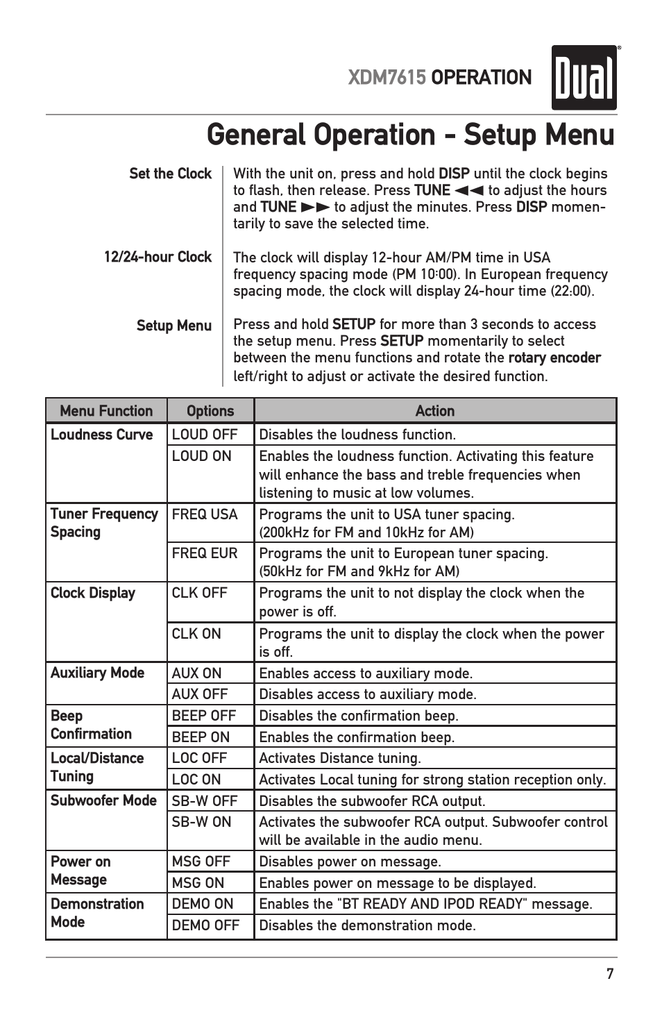 General operation - setup menu, Xdm7615 operation | Dual XDM7615 User Manual | Page 7 / 20