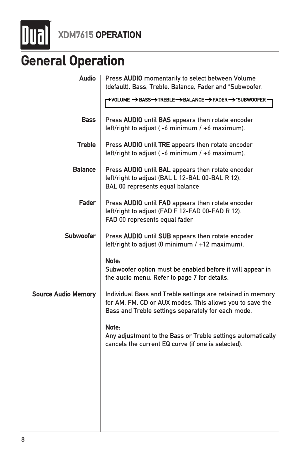 General operation, Xdm7615 operation | Dual XDM7615 User Manual | Page 8 / 20