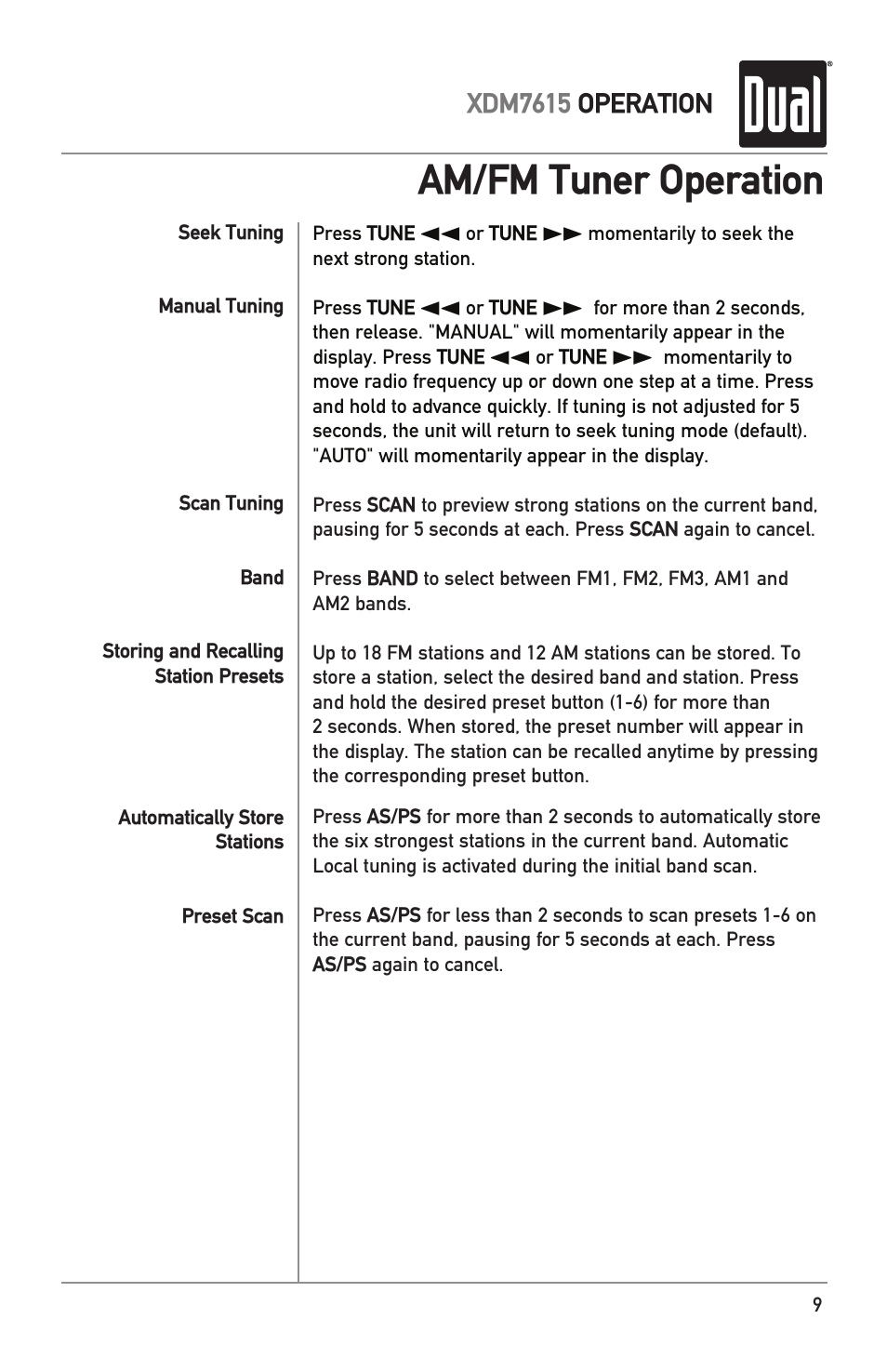 Am/fm tuner operation | Dual XDM7615 User Manual | Page 9 / 20