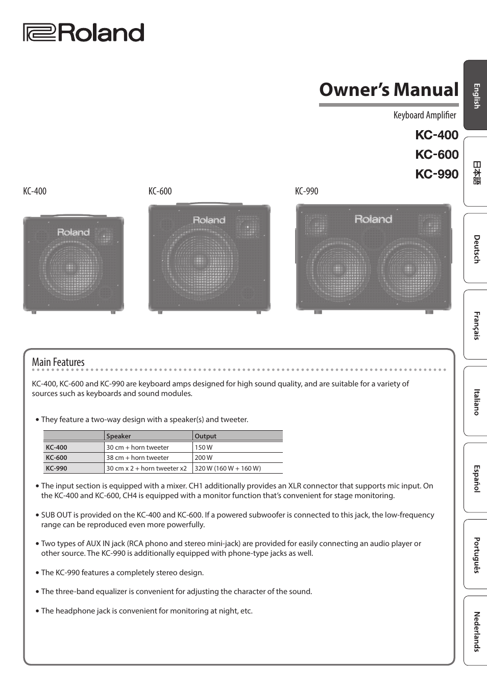 Roland KC-600 Stereo Mixing 4-Channel Keyboard Amplifier User Manual | 14 pages