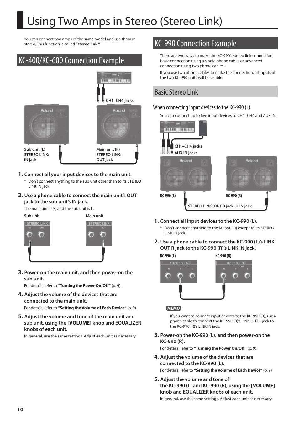 Using two amps in stereo (stereo link), Kc-990 connection example, Basic stereo link | When connecting input devices to the kc-990 (l) | Roland KC-600 Stereo Mixing 4-Channel Keyboard Amplifier User Manual | Page 10 / 14