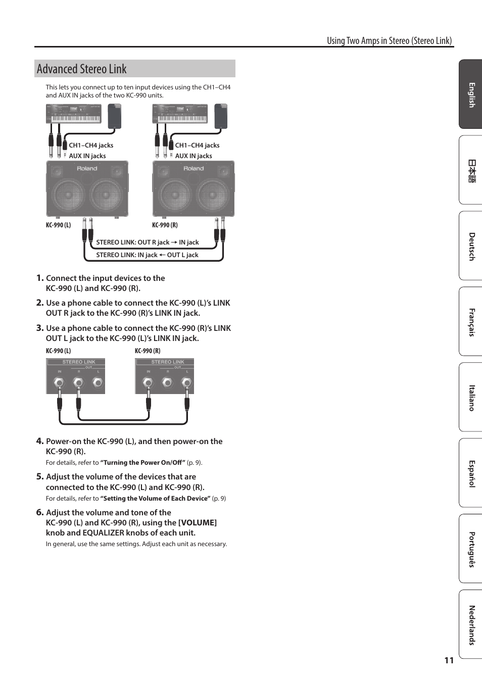 Advanced stereo link, Using two amps in stereo (stereo link) | Roland KC-600 Stereo Mixing 4-Channel Keyboard Amplifier User Manual | Page 11 / 14