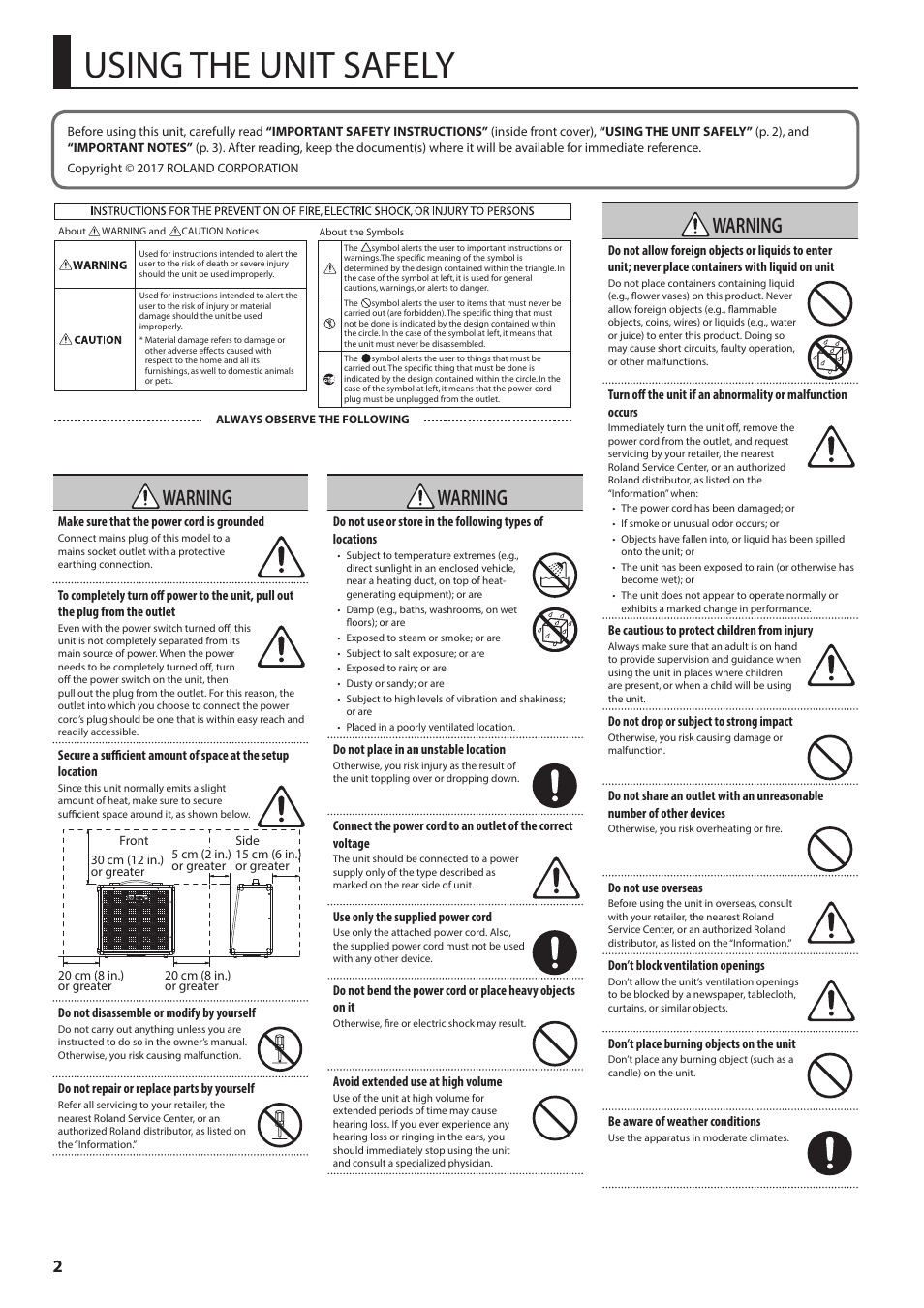 Using the unit safely, Warning | Roland KC-600 Stereo Mixing 4-Channel Keyboard Amplifier User Manual | Page 2 / 14