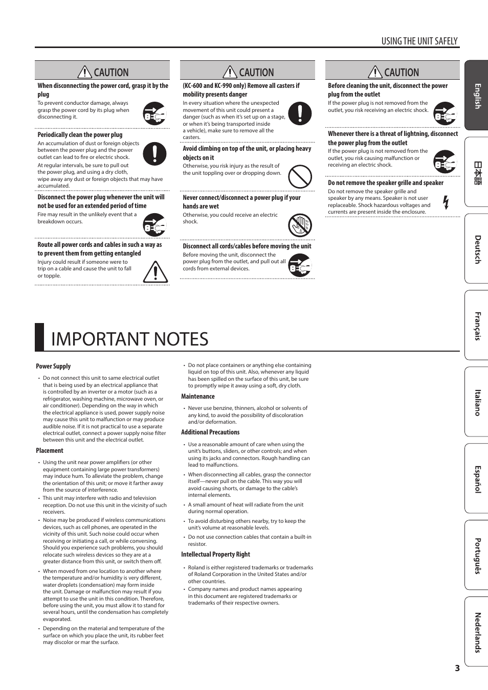 Caution, Using the unit safely | Roland KC-600 Stereo Mixing 4-Channel Keyboard Amplifier User Manual | Page 3 / 14