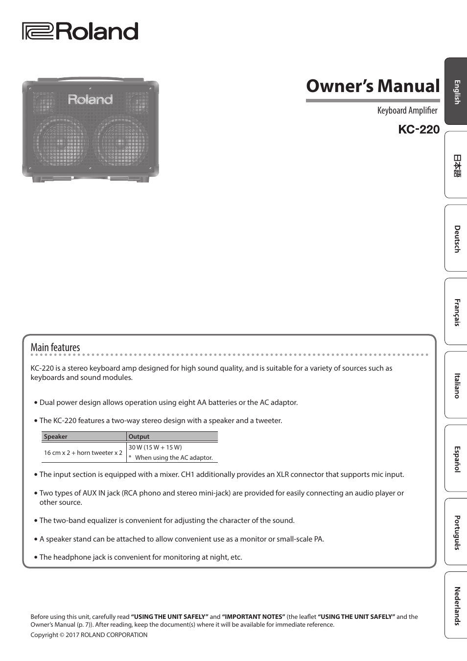 Roland KC-220 Battery Powered Stereo Keyboard Amplifier User Manual | 8 pages