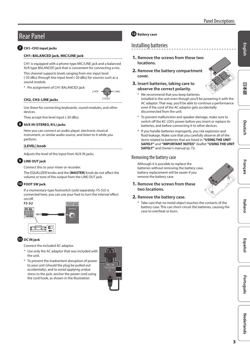 Rear panel, Installing batteries, Panel descriptions | Removing the battery case | Roland KC-220 Battery Powered Stereo Keyboard Amplifier User Manual | Page 3 / 8