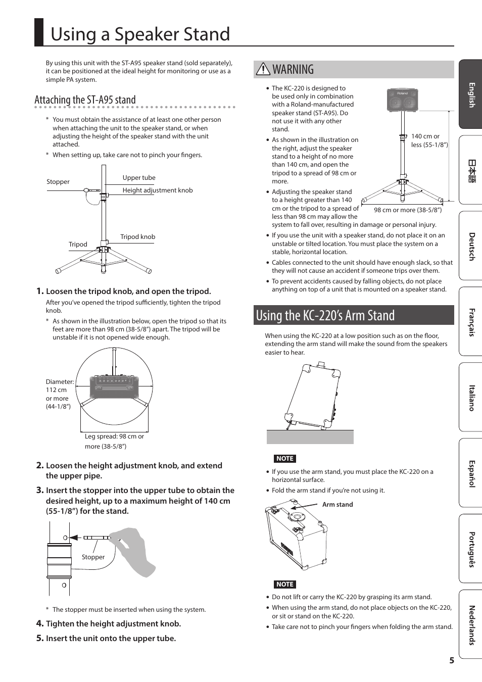 Using a speaker stand, Using the kc-220’s arm stand, Warning | Attaching the st-a95 stand | Roland KC-220 Battery Powered Stereo Keyboard Amplifier User Manual | Page 5 / 8