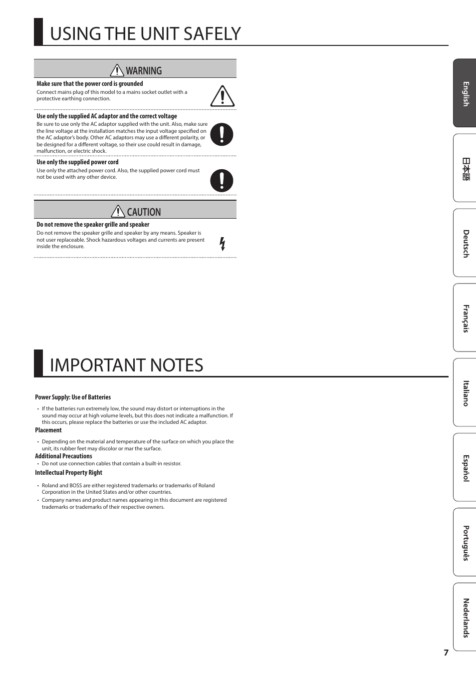 Using the unit safely, Warning, Caution | Roland KC-220 Battery Powered Stereo Keyboard Amplifier User Manual | Page 7 / 8