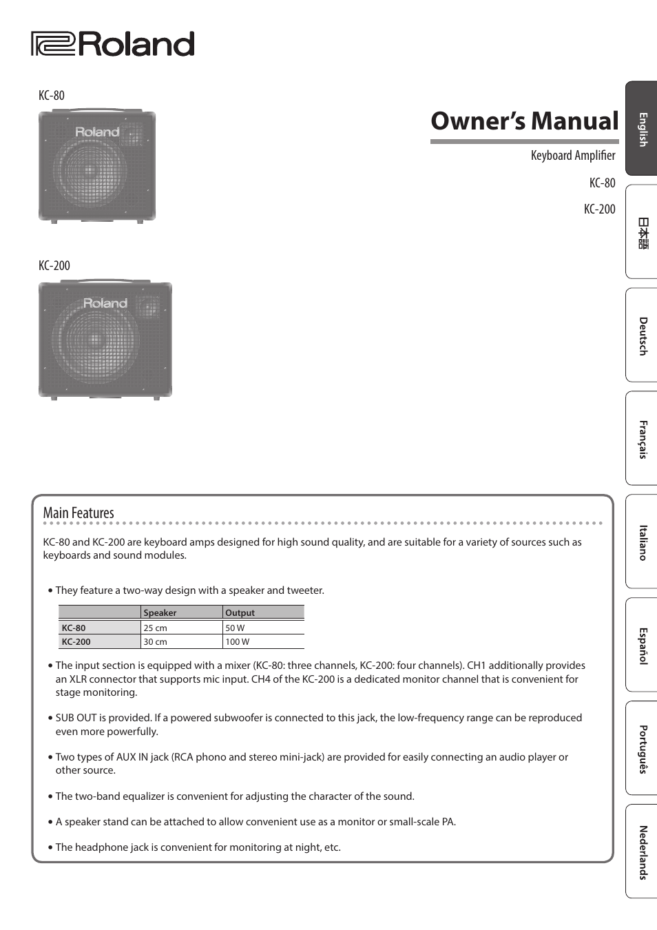 Owner’s manual, Main features | Roland KC-80 3-Channel, Mixing Keyboard Amplifier User Manual | Page 3 / 12