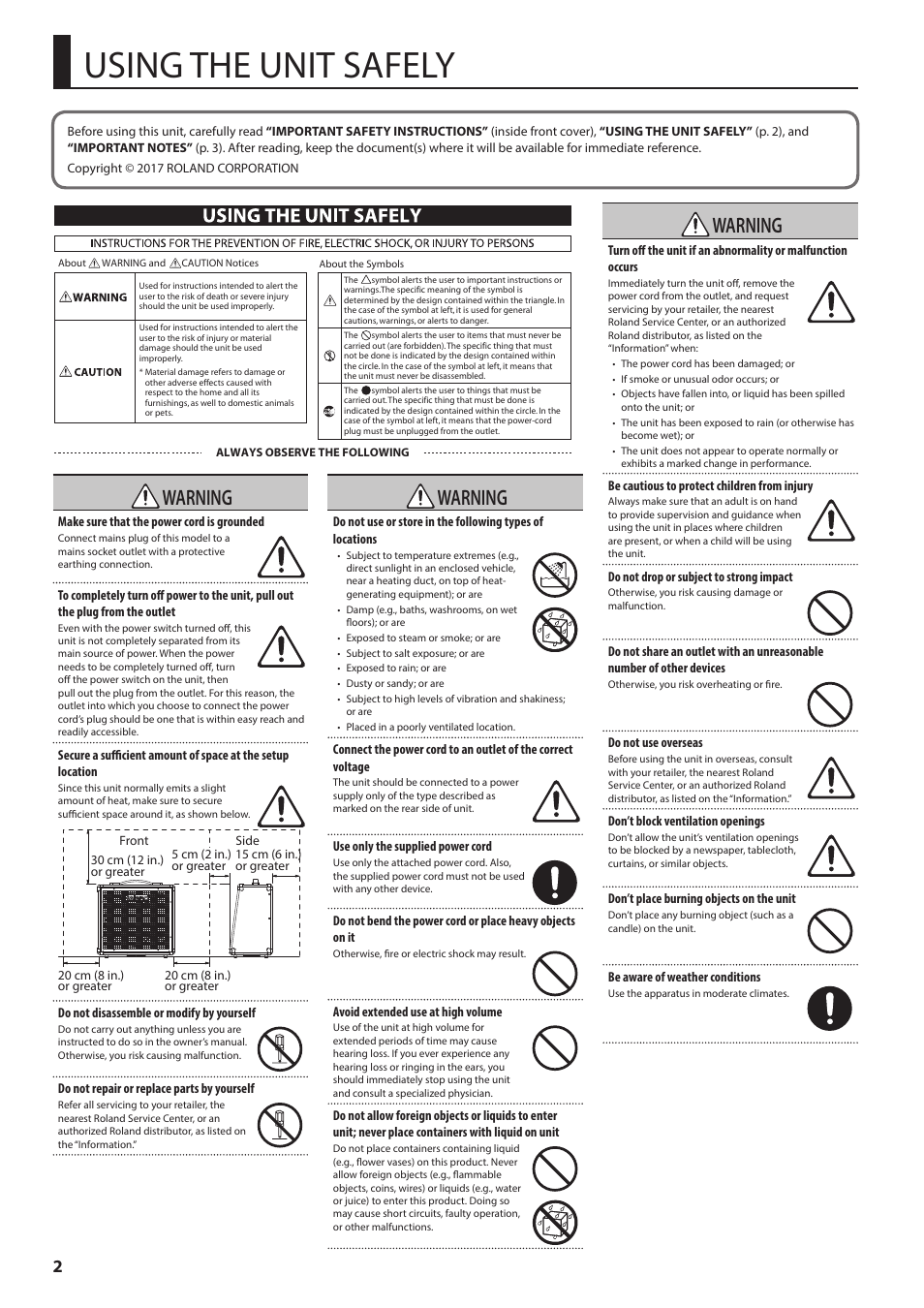 Using the unit safely, Warning | Roland KC-80 3-Channel, Mixing Keyboard Amplifier User Manual | Page 4 / 12