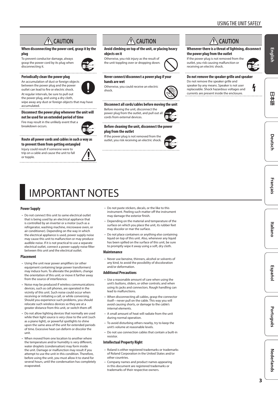 Important notes, P. 3). a, Caution | Using the unit safely | Roland KC-80 3-Channel, Mixing Keyboard Amplifier User Manual | Page 5 / 12