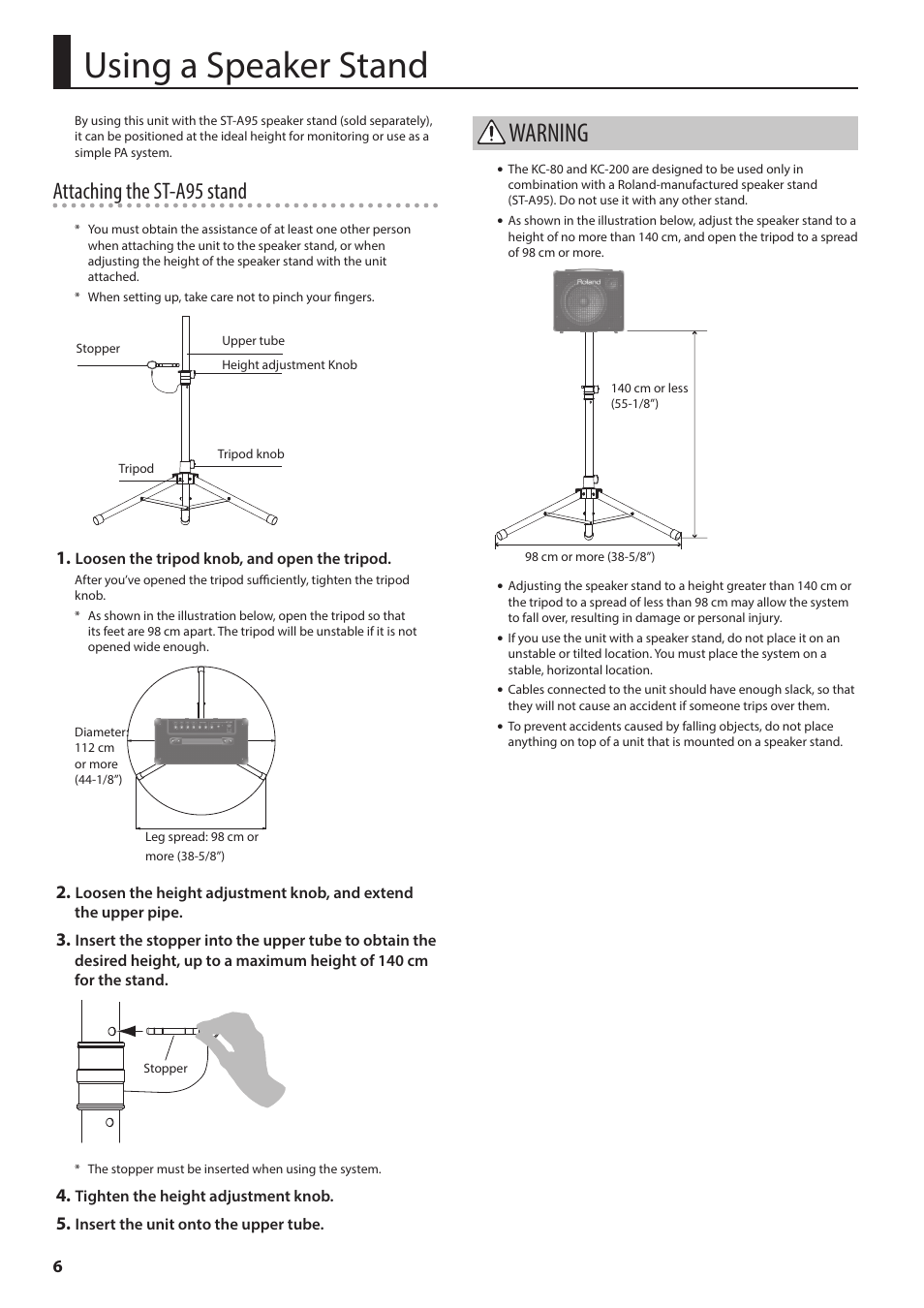 Using a speaker stand, Warning, Attaching the st-a95 stand | Roland KC-80 3-Channel, Mixing Keyboard Amplifier User Manual | Page 8 / 12