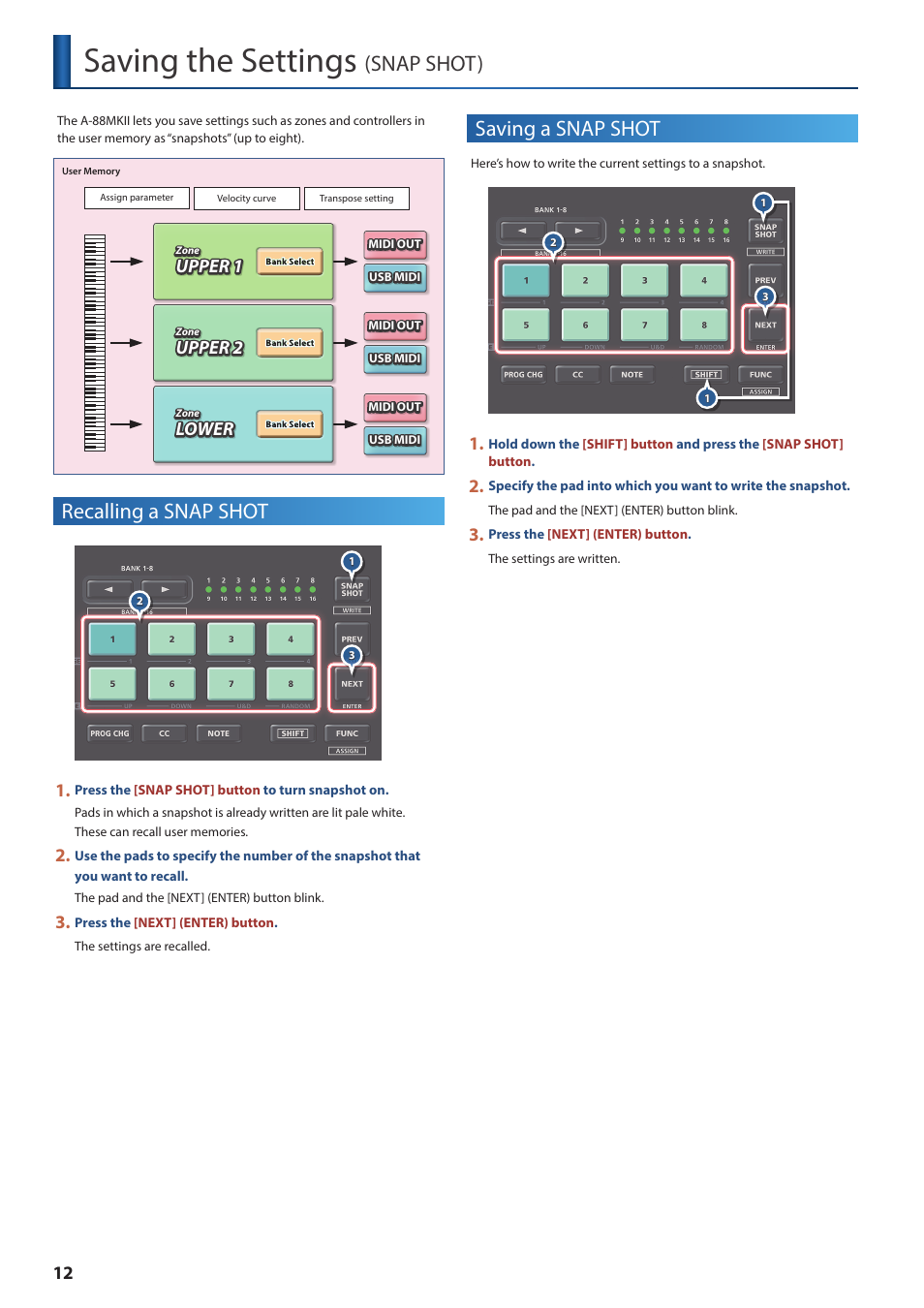 Saving the settings (snap shot), Recalling a snap shot, Saving a snap shot | Saving the settings, Snap shot), Upper 1, Upper 2, Lower | Roland A-88MKII MIDI Keyboard Controller User Manual | Page 12 / 17