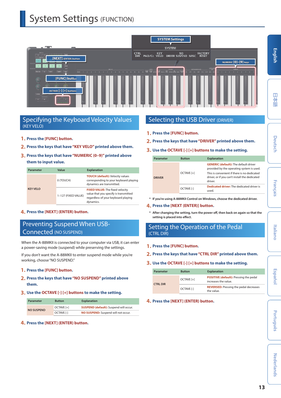 System settings (function), Specifying the keyboard velocity values (key velo), Preventing suspend when usb-connected (no suspend) | Selecting the usb driver (driver), Setting the operation of the pedal (ctrl dir), System settings, Function), Specifying the keyboard velocity values, Key velo), Preventing suspend when usb-connected | Roland A-88MKII MIDI Keyboard Controller User Manual | Page 13 / 17