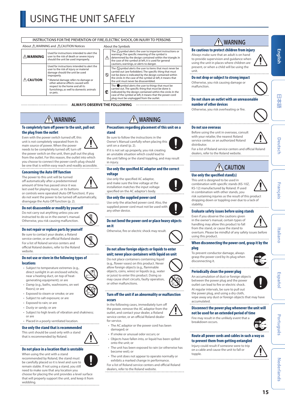 Using the unit safely, Warning, Caution | Roland A-88MKII MIDI Keyboard Controller User Manual | Page 15 / 17