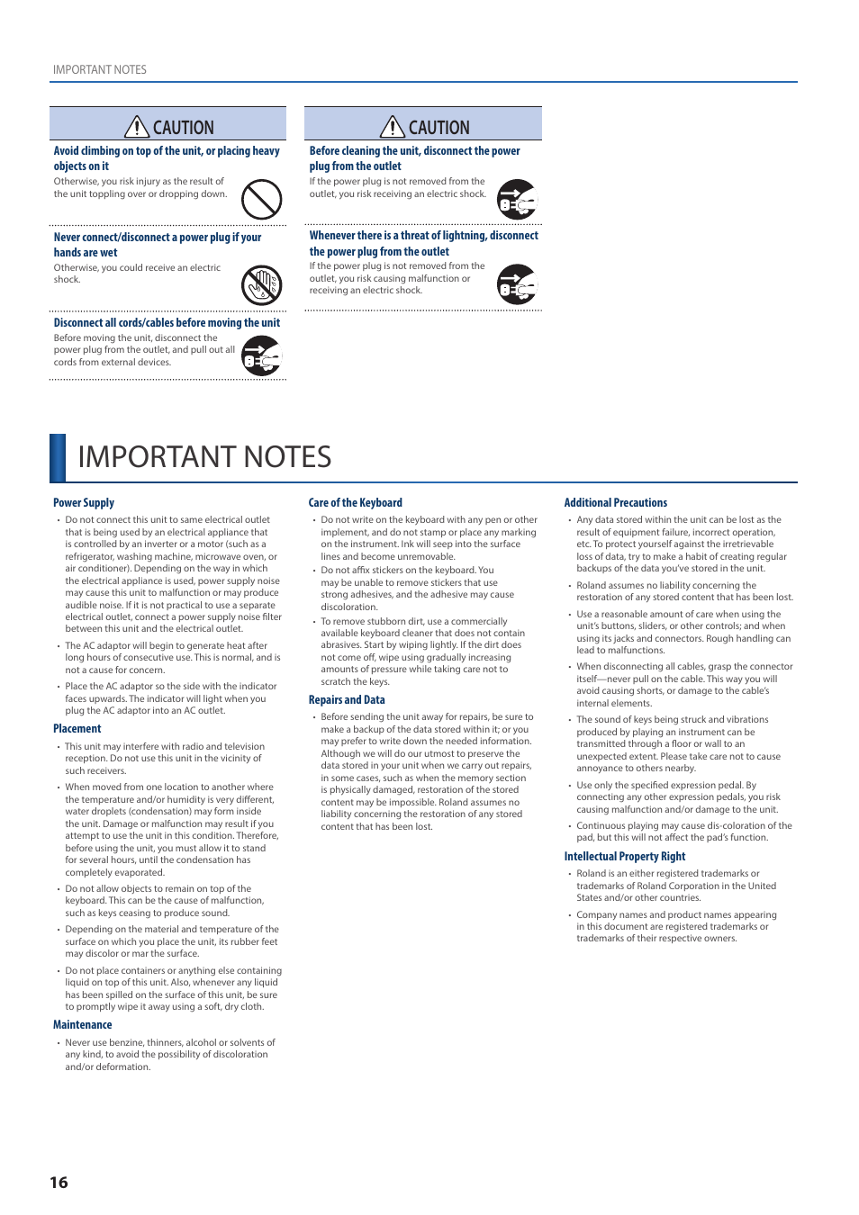 Important notes, Caution | Roland A-88MKII MIDI Keyboard Controller User Manual | Page 16 / 17