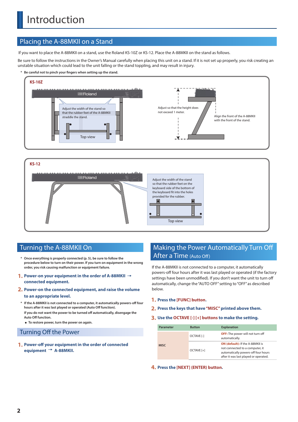 Introduction, Placing the a-88mkii on a stand, Turning the a-88mkii on | Turning off the power | Roland A-88MKII MIDI Keyboard Controller User Manual | Page 2 / 17