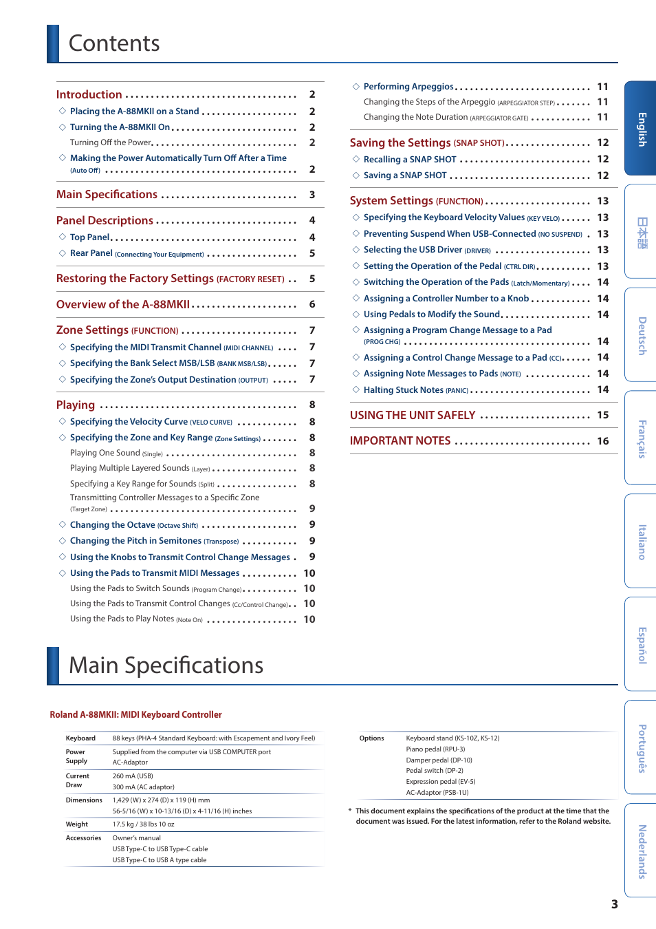 Main specifications, Contents main specifications, Introduction | Panel descriptions, Restoring the factory settings, Overview of the a-88mkii, Zone settings, Playing, Saving the settings, System settings | Roland A-88MKII MIDI Keyboard Controller User Manual | Page 3 / 17