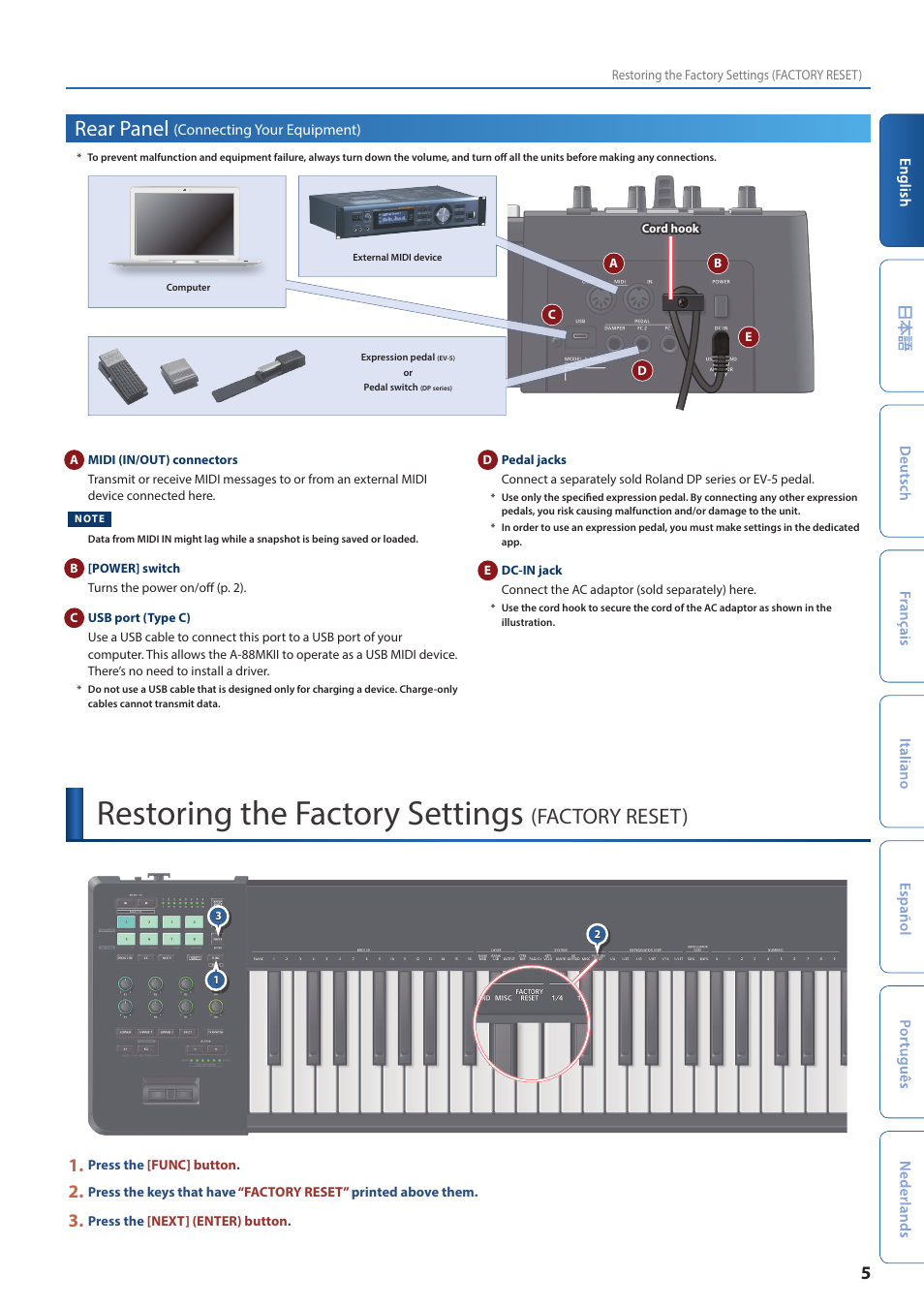 Rear panel (connecting your equipment), Restoring the factory settings (factory reset), Rear panel | Connecting your equipment), Restoring the factory settings, Factory reset) | Roland A-88MKII MIDI Keyboard Controller User Manual | Page 5 / 17