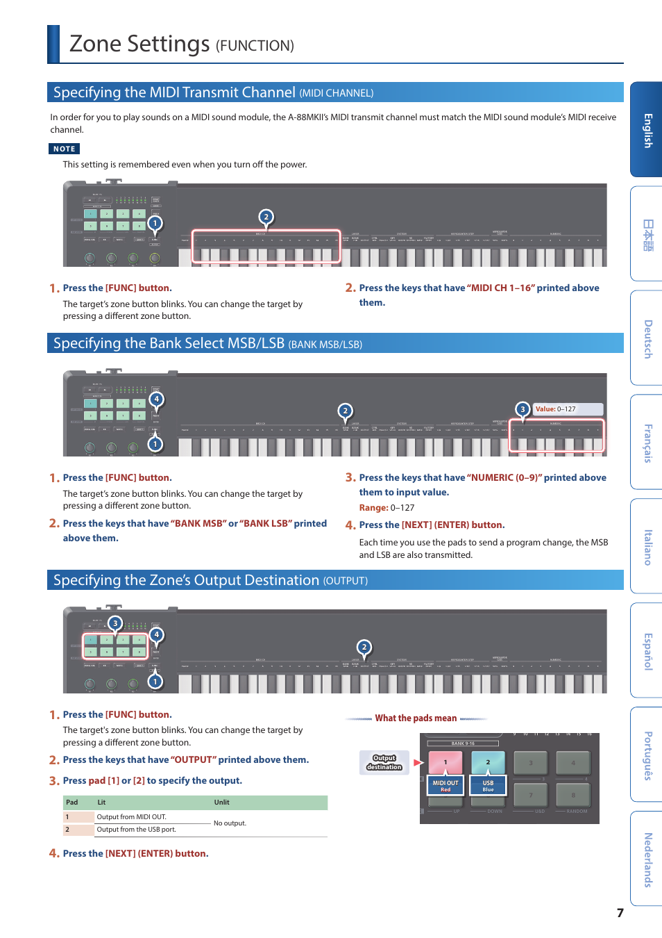Zone settings (function), Specifying the bank select msb/lsb (bank msb/lsb), Specifying the zone’s output destination (output) | Zone settings, Function), Specifying the midi transmit channel, Midi channel), Specifying the bank select msb/lsb, Bank msb/lsb), Specifying the zone’s output destination | Roland A-88MKII MIDI Keyboard Controller User Manual | Page 7 / 17