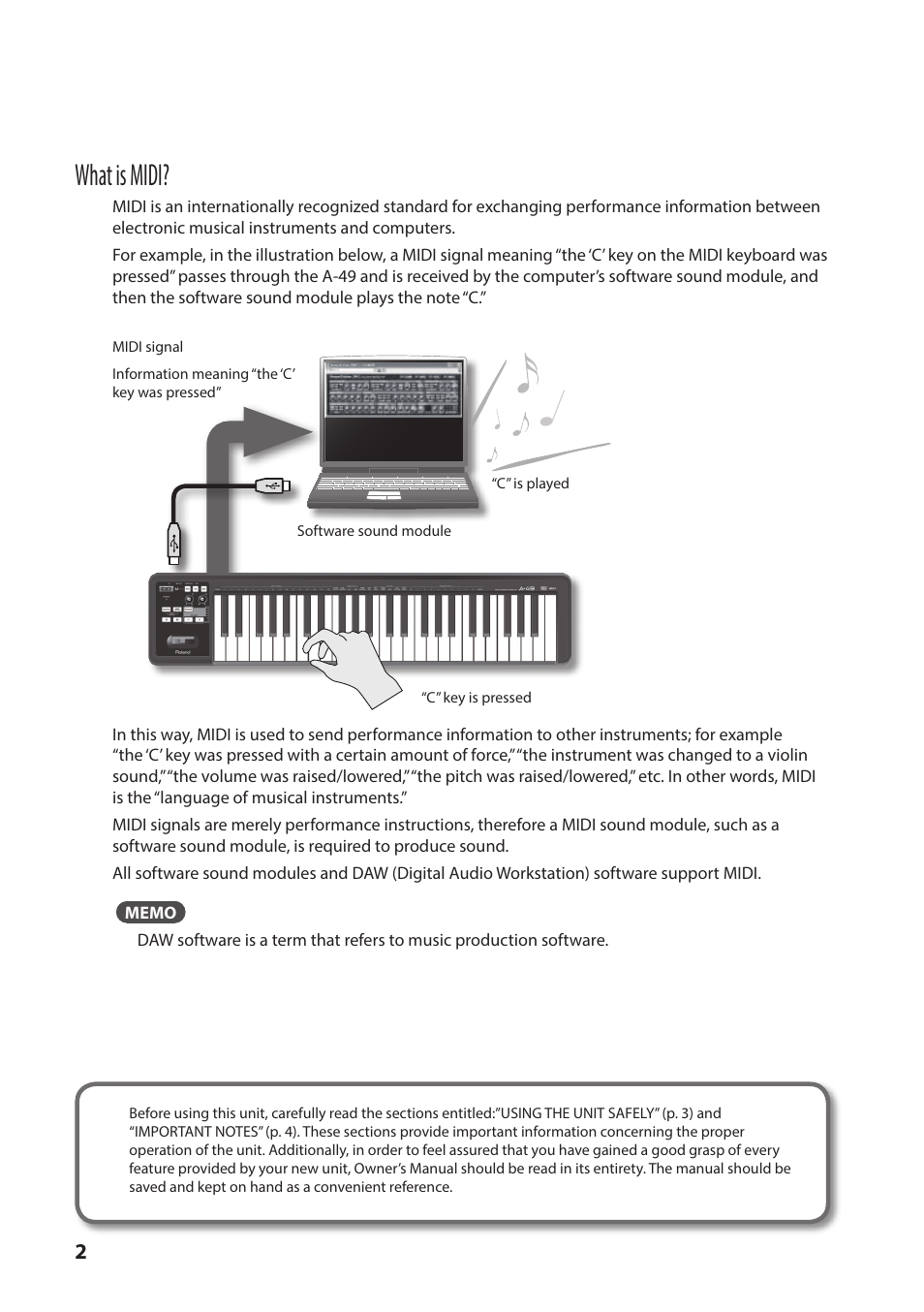 What is midi | Roland A-49 - MIDI Keyboard Controller (White) User Manual | Page 2 / 44