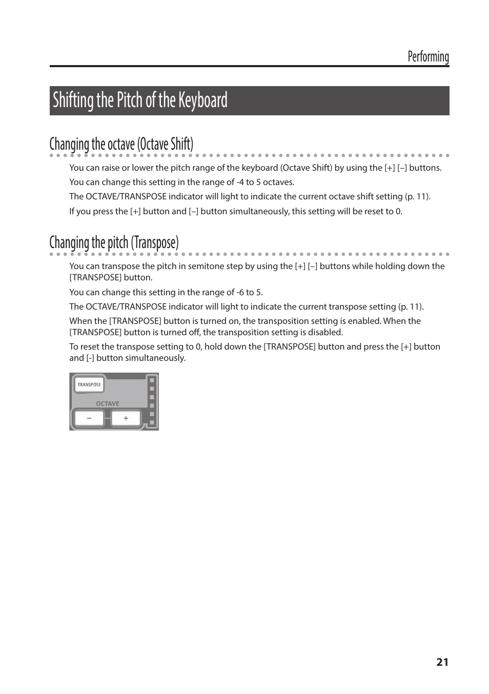 Shifting the pitch of the keyboard, P. 21, Changing the octave (octave shift) | Changing the pitch (transpose), Performing | Roland A-49 - MIDI Keyboard Controller (White) User Manual | Page 21 / 44