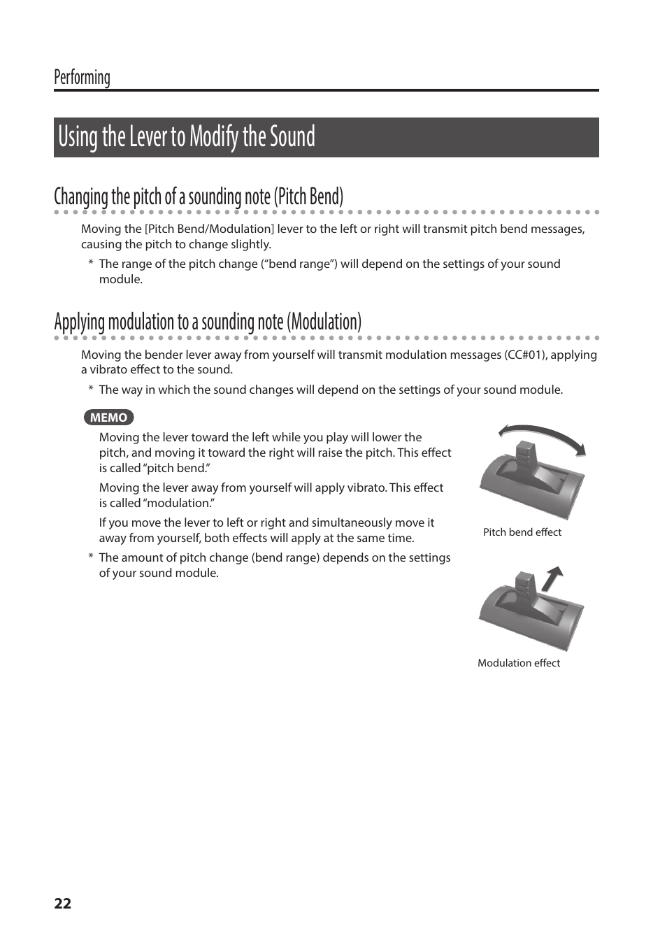 Using the lever to modify the sound, P. 22, O (p. 22) | Performing | Roland A-49 - MIDI Keyboard Controller (White) User Manual | Page 22 / 44