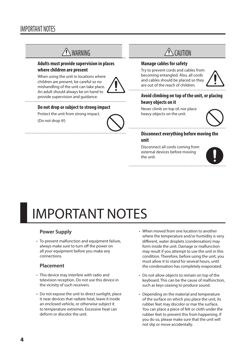 Important notes, Warning, Caution | Roland A-49 - MIDI Keyboard Controller (White) User Manual | Page 4 / 44