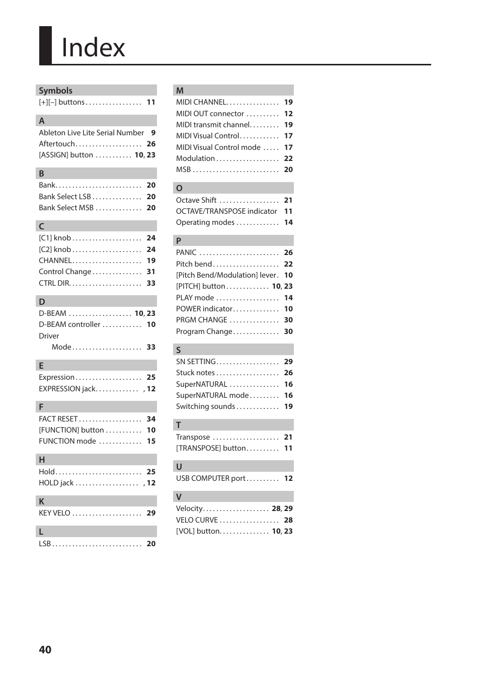 Index | Roland A-49 - MIDI Keyboard Controller (White) User Manual | Page 40 / 44