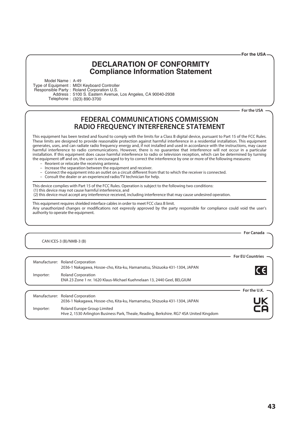 Roland A-49 - MIDI Keyboard Controller (White) User Manual | Page 43 / 44