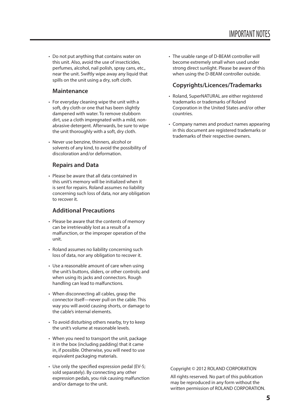 Maintenance, Repairs and data, Additional precautions | Copyrights/licences/trademarks | Roland A-49 - MIDI Keyboard Controller (White) User Manual | Page 5 / 44