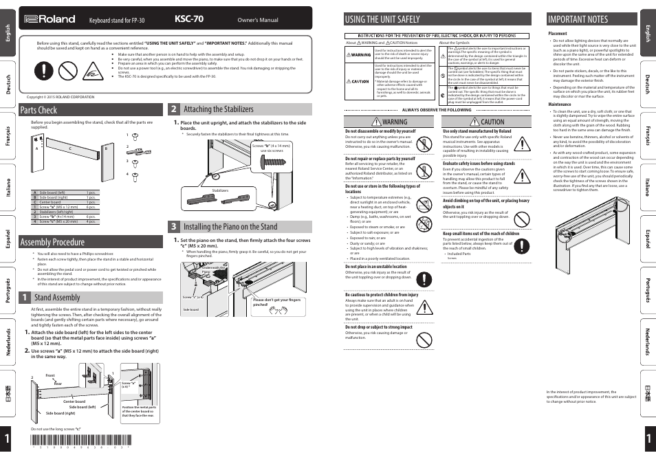 Roland KSC-70 Stand for FP-30 and FP-30X Digital Pianos (Black) User Manual | 1 page