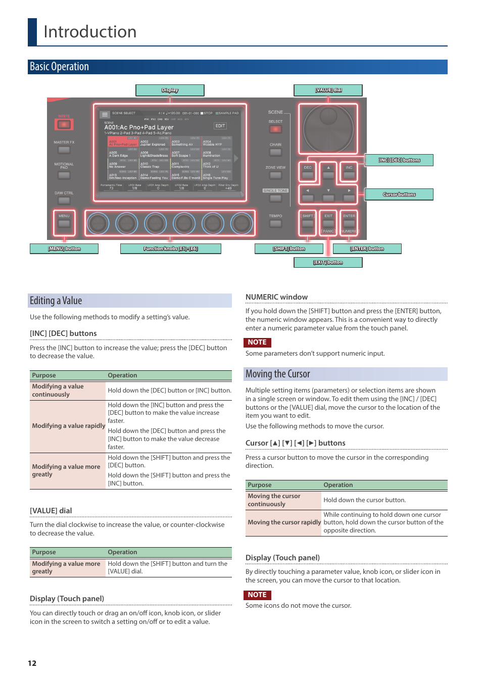 Introduction, Basic operation, Editing a value | Moving the cursor | Roland Fantom-08 88-Key Music Workstation Keyboard User Manual | Page 12 / 36