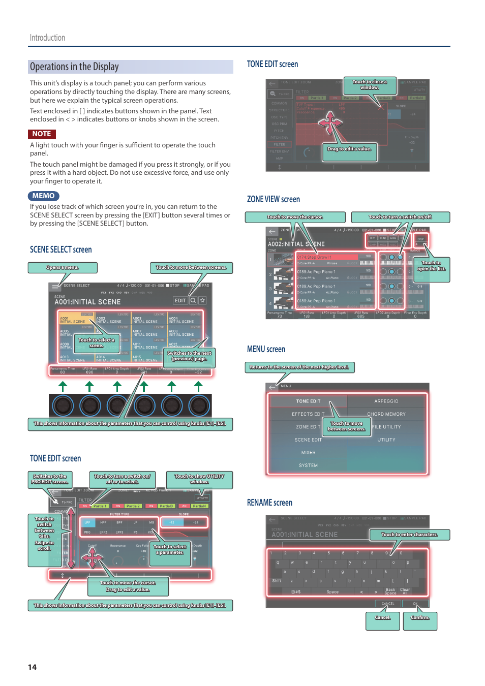 Operations in the display, Introduction, Scene select screen | Tone edit screen, Zone view screen, Menu screen, Rename screen | Roland Fantom-08 88-Key Music Workstation Keyboard User Manual | Page 14 / 36