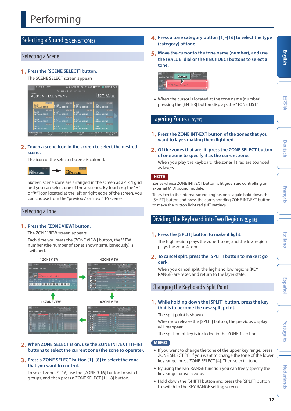 Performing, Selecting a sound (scene/tone), Layering zones (layer) | Dividing the keyboard into two regions (split), Selecting a sound, Layering zones, Dividing the keyboard into two regions, Selecting a scene, Selecting a tone, Changing the keyboard’s split point | Roland Fantom-08 88-Key Music Workstation Keyboard User Manual | Page 17 / 36